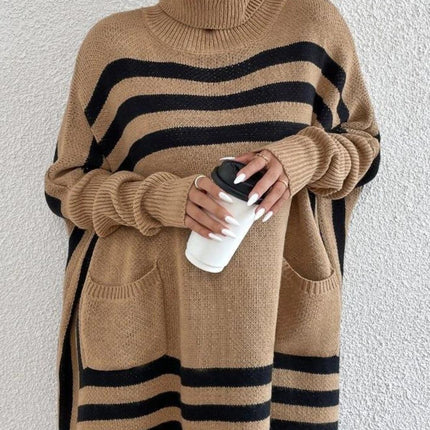 Striped Turtleneck Batwing Sleeve Sweater with Pockets