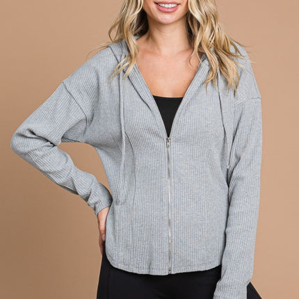 Culture Code Full Size Ribbed Zip Up Drawstring Hooded Jacket