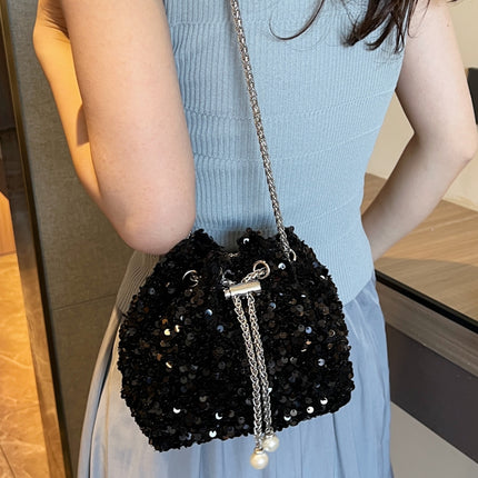 Sequin Chain Drawstring Bucket Bag