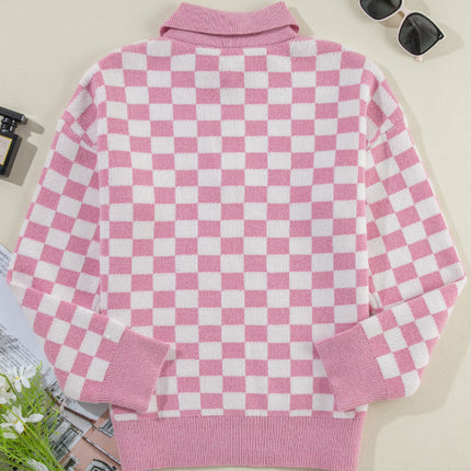 Checkered Collared Neck Long Sleeve Sweater