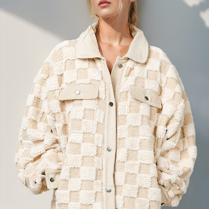 Double Take Button Up Fuzzy Checkered Shacket - Vickie Lynn's