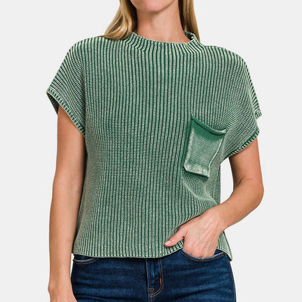 Zenana Washed Mock Neck Short Sleeve Cropped Sweater