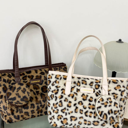 Leopard Faux Fur Tote Bag with Coin Purse