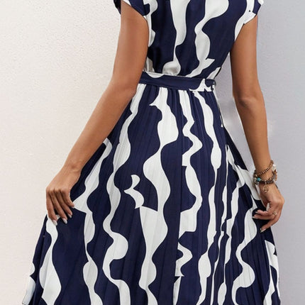 Tied Pleated Printed Cap Sleeve Dress