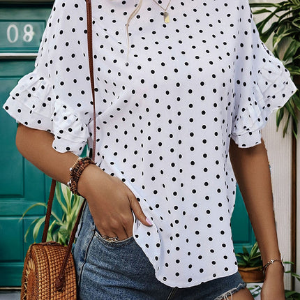 Slit Polka Dot Round Neck Half Sleeve Blouse