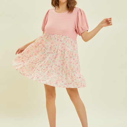 HEYSON Full Size Round Neck Floral Ruffle Hem Mini Dress