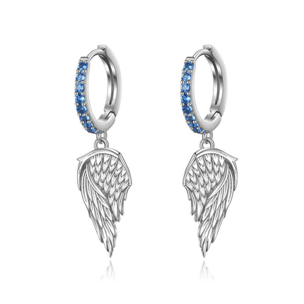 925 Sterling Silver Angel Wing Blue Crystal Dangle Hoop Earrings for Women