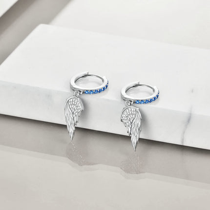 925 Sterling Silver Angel Wing Blue Crystal Dangle Hoop Earrings for Women
