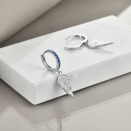 925 Sterling Silver Angel Wing Blue Crystal Dangle Hoop Earrings for Women