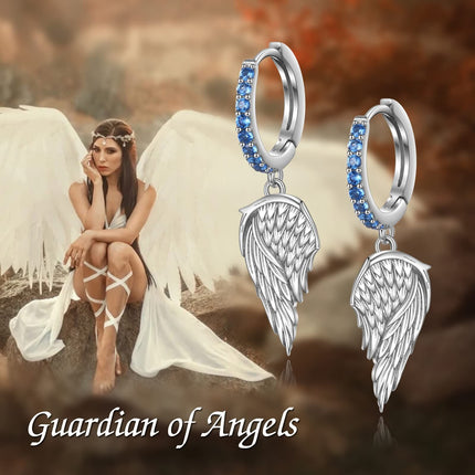 925 Sterling Silver Angel Wing Blue Crystal Dangle Hoop Earrings for Women