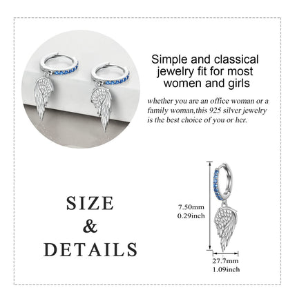 925 Sterling Silver Angel Wing Blue Crystal Dangle Hoop Earrings for Women