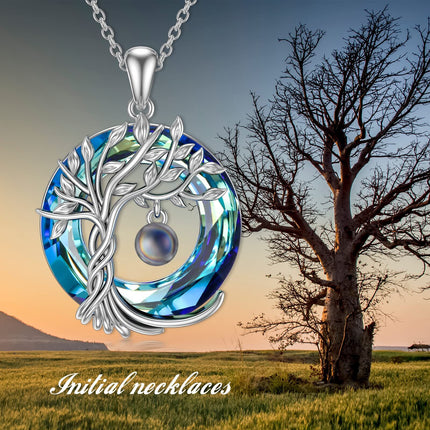 925 Sterling Silver Blue Crystal Tree of Life Initial Necklace Family Letter Pendant Birthday Mother s Day Gifts for Her
