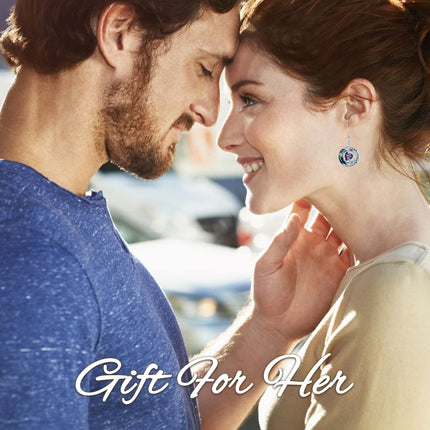 925 Sterling Silver Purple Heart & Blue Swarovski Crystals Round Drop Earrings for Women