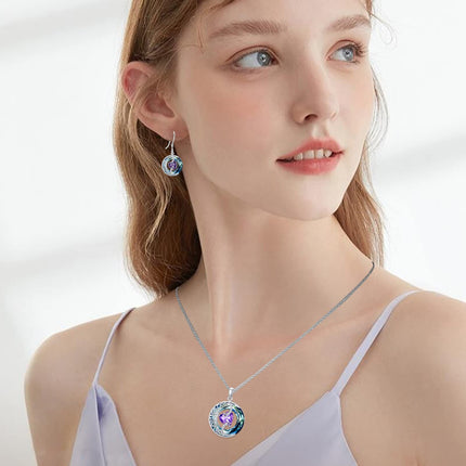 925 Sterling Silver Purple Heart & Blue Swarovski Crystals Round Drop Earrings for Women
