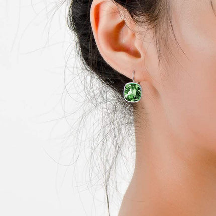 925 Sterling Silver Green Cushion Cut Austrian Crystal Leverback Earrings Hypoallergenic Gift for Her