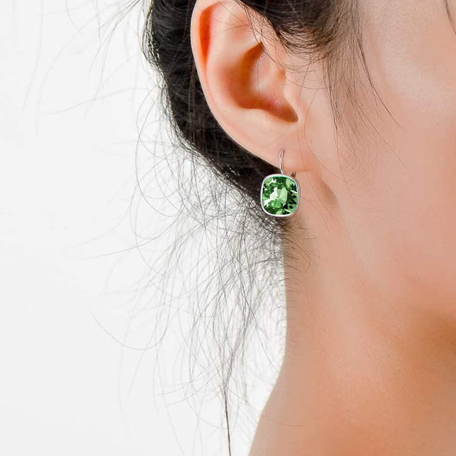 925 Sterling Silver Green Cushion Cut Austrian Crystal Leverback Earrings Hypoallergenic Gift for Her