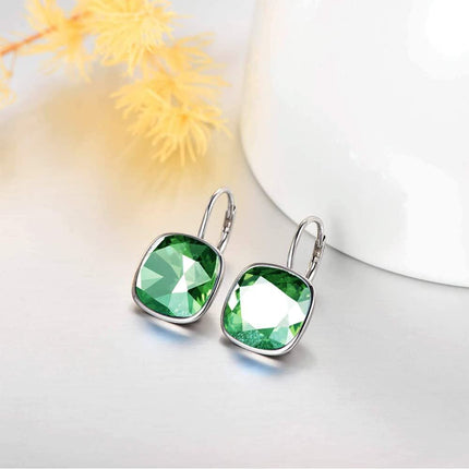 925 Sterling Silver Green Cushion Cut Austrian Crystal Leverback Earrings Hypoallergenic Gift for Her