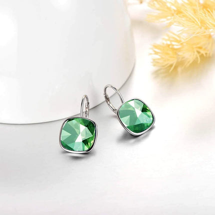 925 Sterling Silver Green Cushion Cut Austrian Crystal Leverback Earrings Hypoallergenic Gift for Her