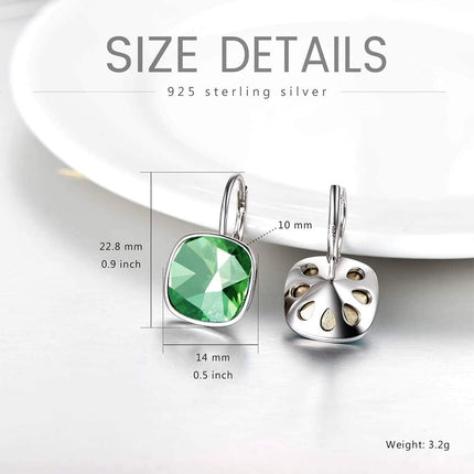 925 Sterling Silver Green Cushion Cut Austrian Crystal Leverback Earrings Hypoallergenic Gift for Her