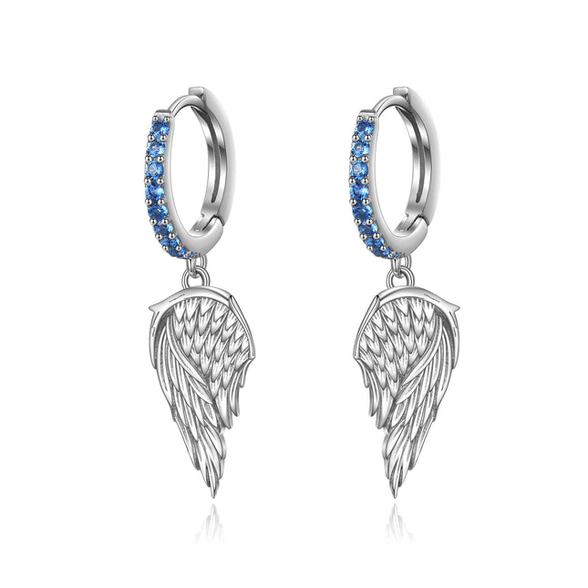 925 Sterling Silver Angel Wing Blue Crystal Dangle Hoop Earrings for Women