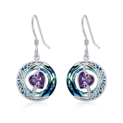 925 Sterling Silver Purple Heart & Blue Swarovski Crystals Round Drop Earrings for Women