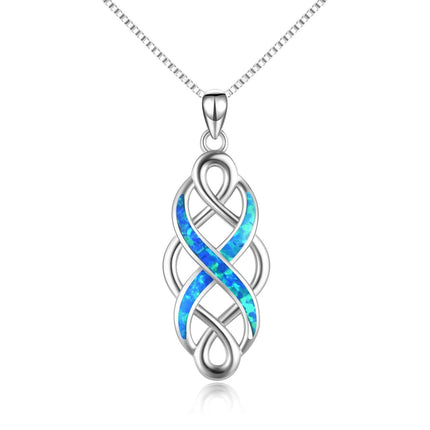925 Sterling Silver Blue Created Opal Celtic Knot Pendant Necklace for Women
