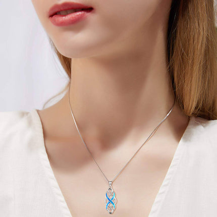 925 Sterling Silver Blue Created Opal Celtic Knot Pendant Necklace for Women
