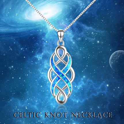 925 Sterling Silver Blue Created Opal Celtic Knot Pendant Necklace for Women