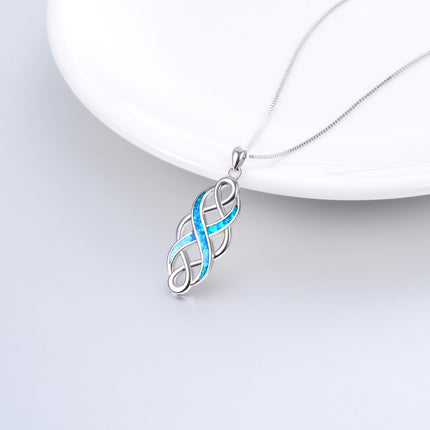 925 Sterling Silver Blue Created Opal Celtic Knot Pendant Necklace for Women