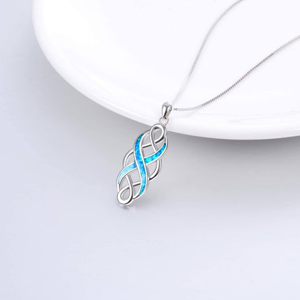 925 Sterling Silver Blue Created Opal Celtic Knot Pendant Necklace for Women