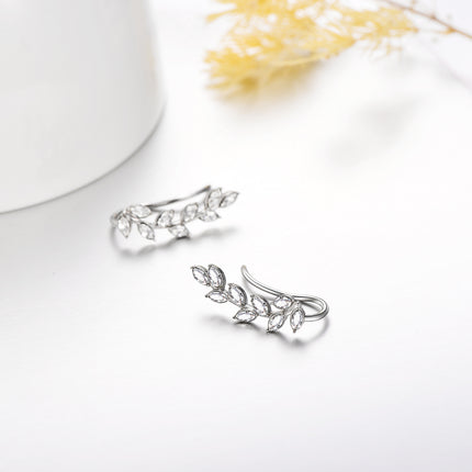 925 Sterling Silver Pink Austrian Crystal Leaf Ear Climber Hypoallergenic Earrings
