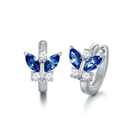 925 Sterling Silver Blue Simulated Aquamarine Crystal Butterfly Huggie Earrings