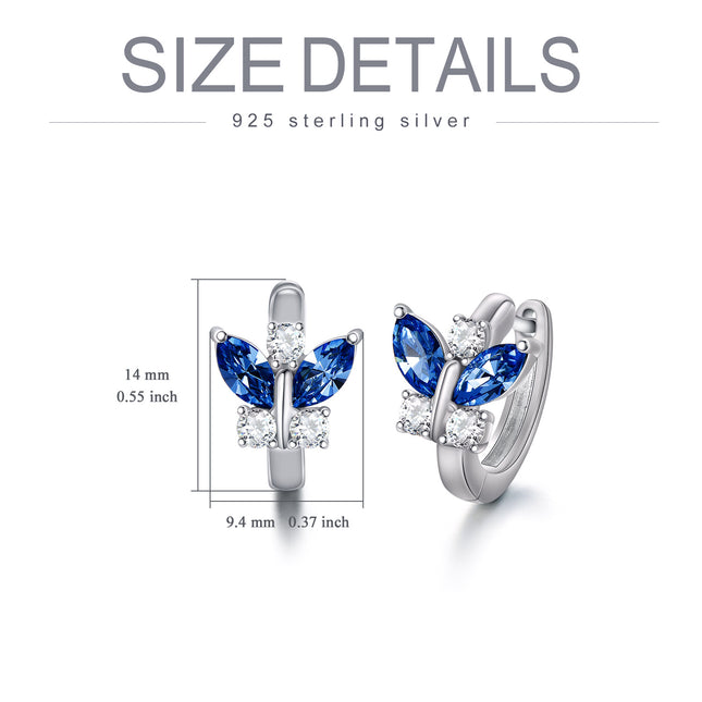 925 Sterling Silver Blue Simulated Aquamarine Crystal Butterfly Huggie Earrings
