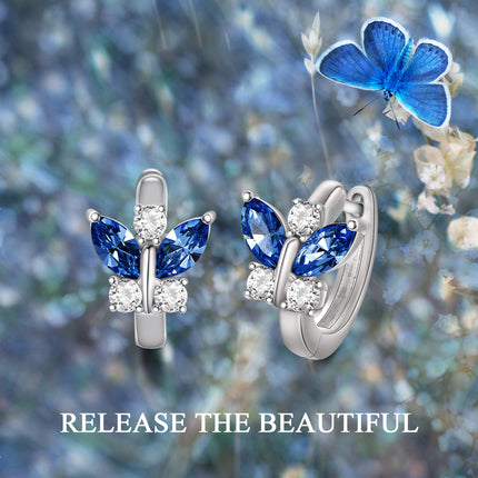925 Sterling Silver Blue Simulated Aquamarine Crystal Butterfly Huggie Earrings