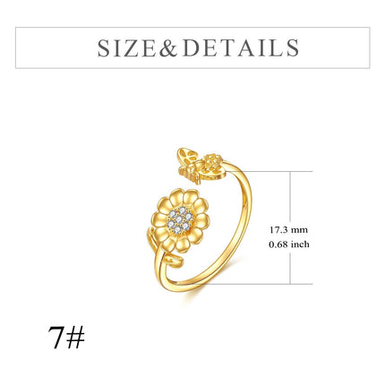 14K Gold Adjustable Bee and Daisy Flower Open Ring  for Women Her