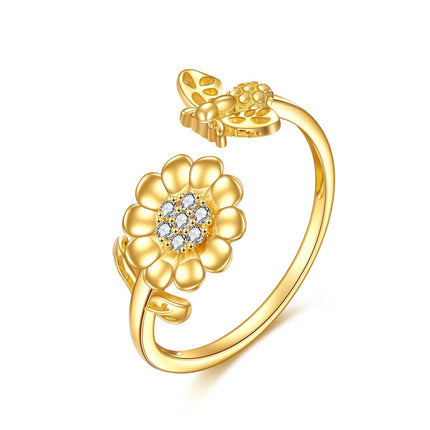 14K Gold Adjustable Bee and Daisy Flower Open Ring  for Women Her