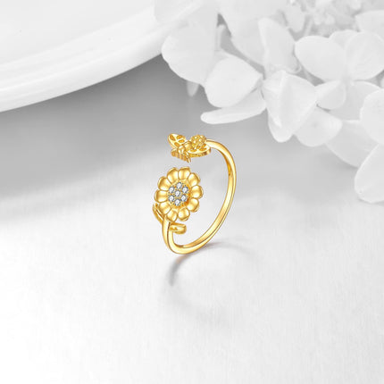 14K Gold Adjustable Bee and Daisy Flower Open Ring  for Women Her