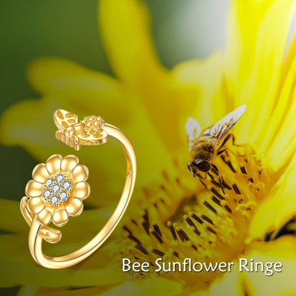 14K Gold Adjustable Bee and Daisy Flower Open Ring  for Women Her