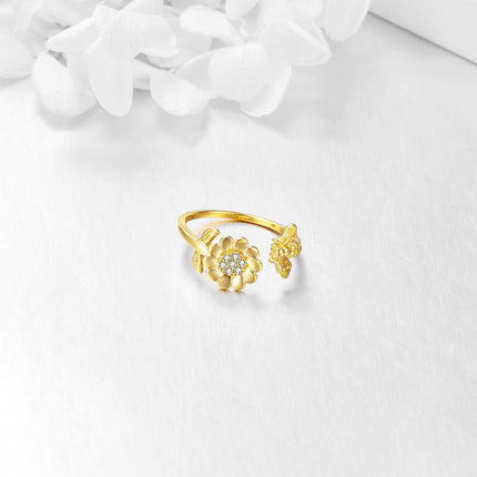 14K Gold Adjustable Bee and Daisy Flower Open Ring  for Women Her