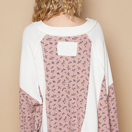 POL Waffle Knit Floral Notched Long Sleeve Top