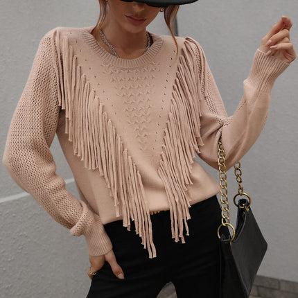 Double Take Fringe Detail Ribbed Trim Sweater