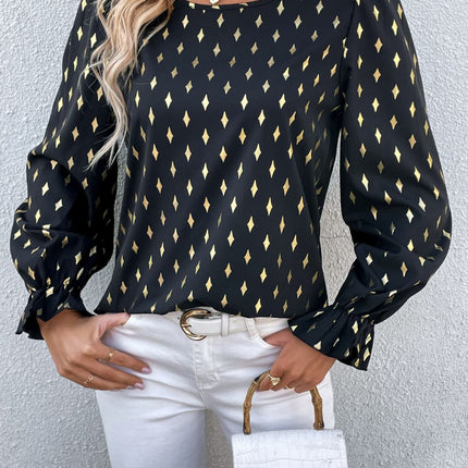 Double Take Printed Round Neck Flounce Sleeve Blouse