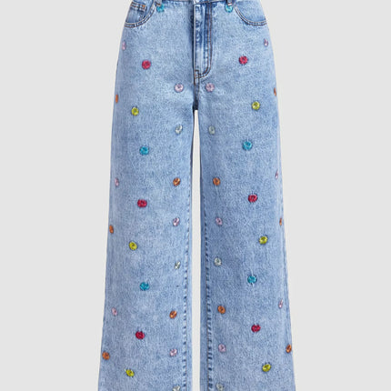 Embroidered High-Waisted Wide-Leg Jeans