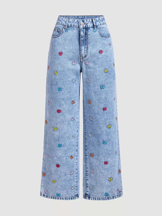 Embroidered High-Waisted Wide-Leg Jeans