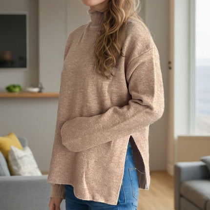 Side Slit Turtleneck Long Sleeve Sweater