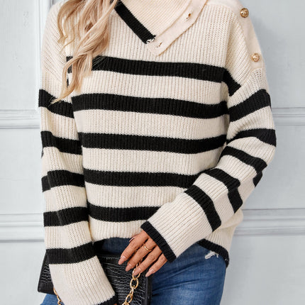 Buttoned Striped Long Sleeve Sweater