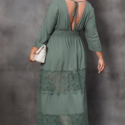 Plus Size Tied V-Neck Smocked Crochet Maxi Dress