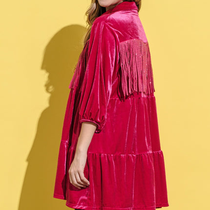 And The Why Fringe Detailed Velvet Shirt Dress