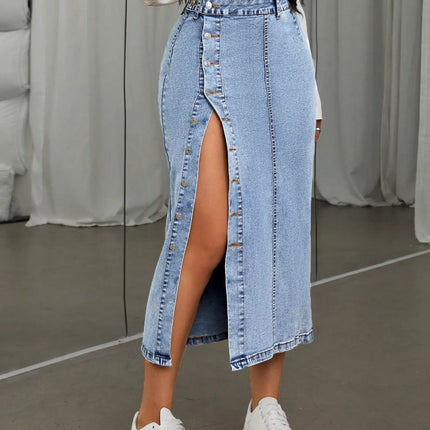Side Button Slit Denim Midi Skirt
