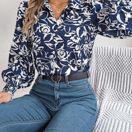 Printed Collared Neck Lantern Sleeve Shirt